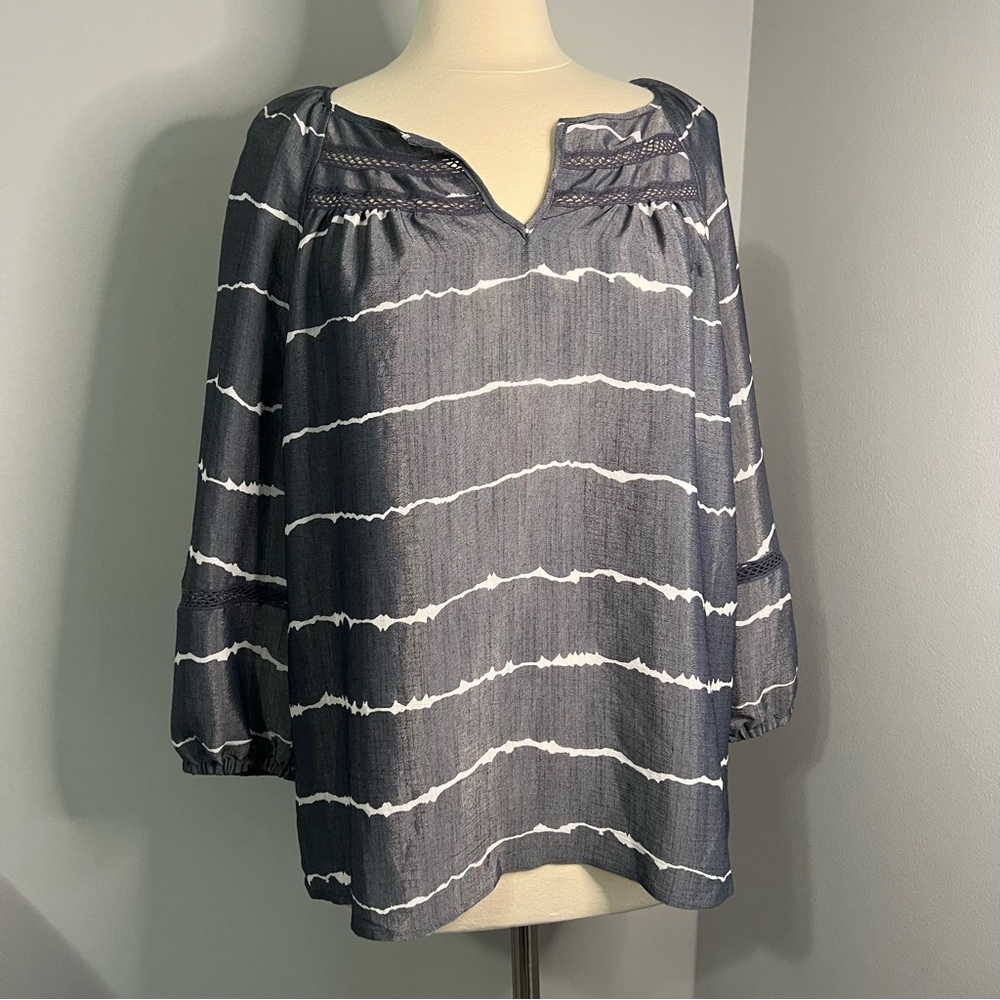 Como Blu XL Blue V-Neck Raglan Sleeve Lightweight Peasant Blouse